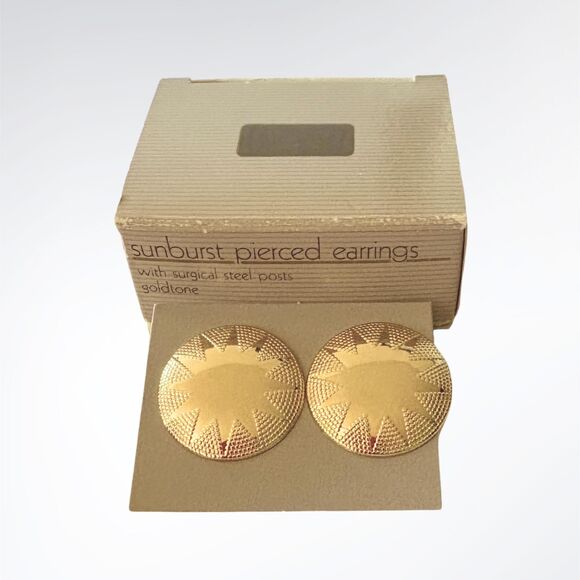 Vintage Sunburst Goldtone Earrings | Textured | Avon 1987 | NIB - Picture 2 of 4